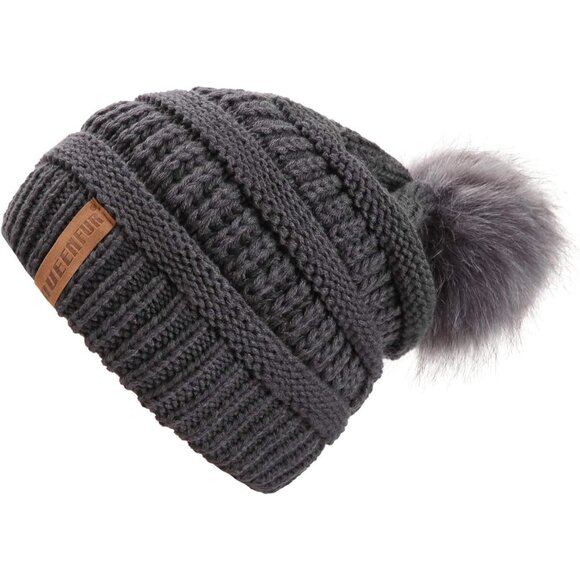 Women Dark GreyBeige2pack Acrylic Thick Baggy Knit Winter Faux Fur Pompom Beanie - Picture 2 of 7